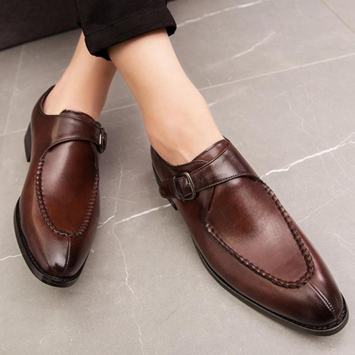 Shoes formal plain genuine toe buckle lace italian leather male square brown dress men fashion